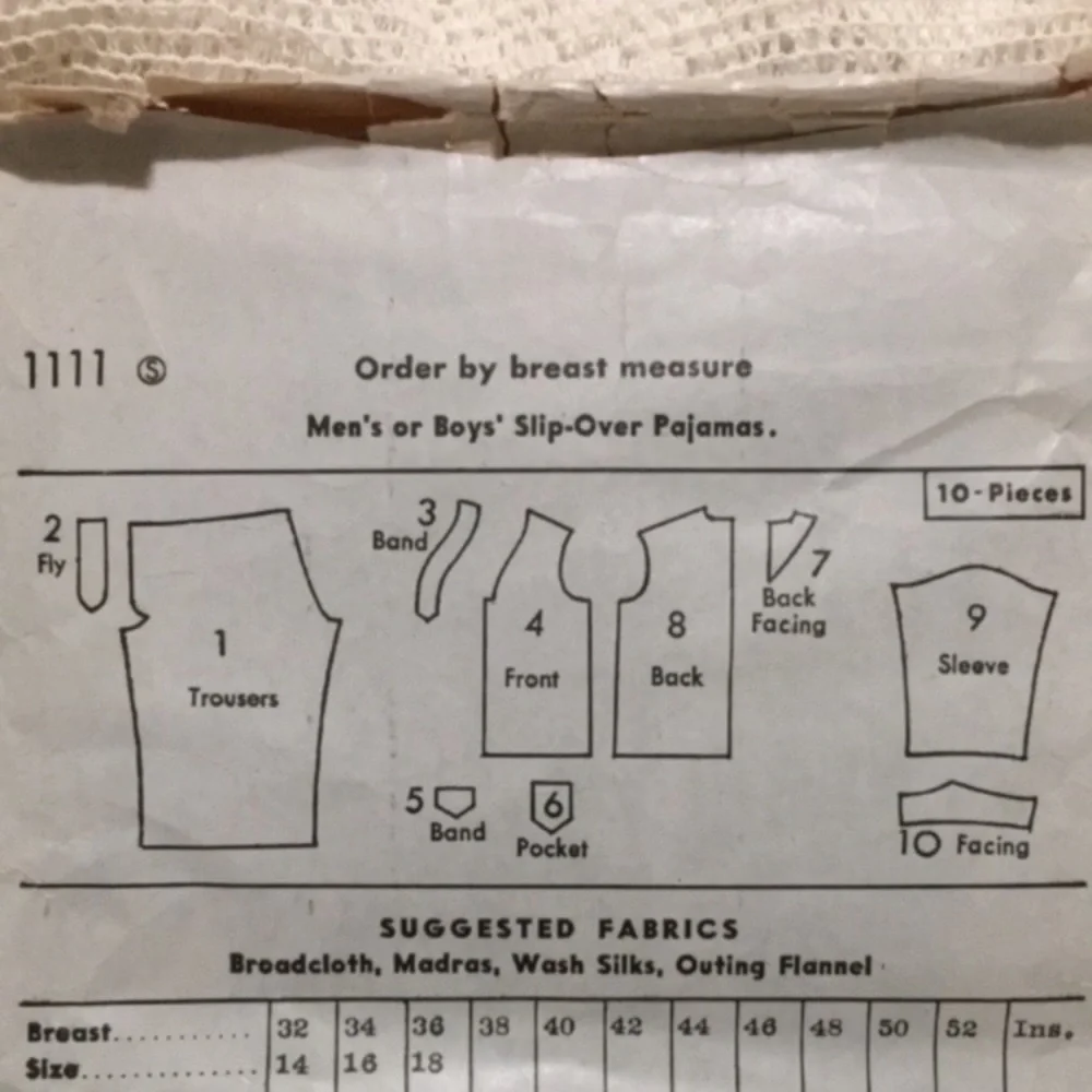 40s men’s pajamas sewing pattern, Butterick 1111, chest 42”